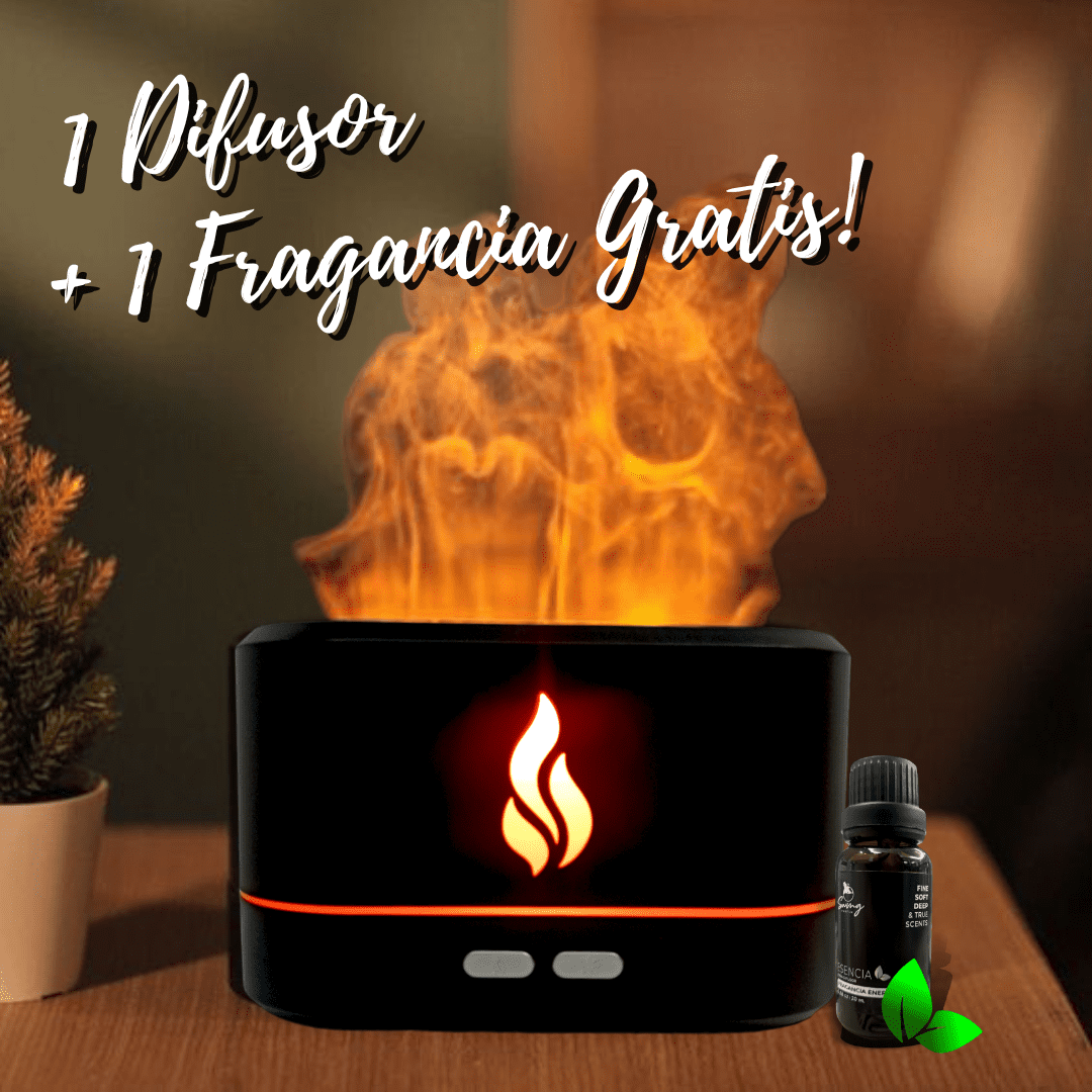 Difusor de Aroma Humidificador modelo Fuego Negro, Luz Led + 1 Fragancia de 10ml Gratis